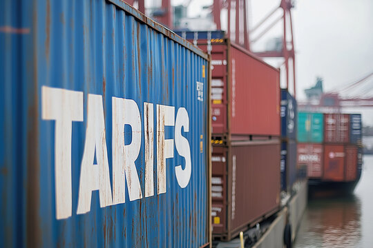 white text tarifs with shipping containers in background