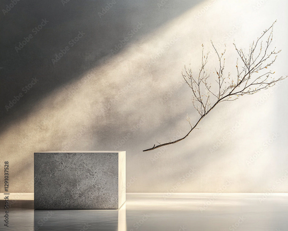 Poster A minimalist room with a concrete cube and a bare tree branch extending towards soft sunlight, creating a serene, calm atmosphere symbolizing simplicity, tranquility, and modern design