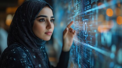 Woman in hijab interacts with interactive digital display in modern setting