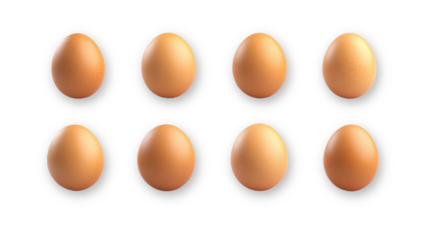 Eight brown eggs arranged in a neat grid display with soft shadows creating a minimalistic aesthetic,cut out 