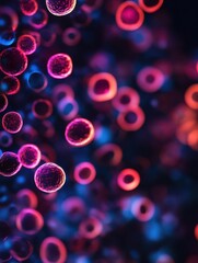 Microscope view of bioengineered cells glowing in different colors, breakthrough biotech research