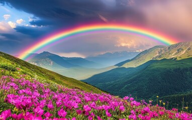 Vivid rainbow arching across a valley with vibrant wildflowers