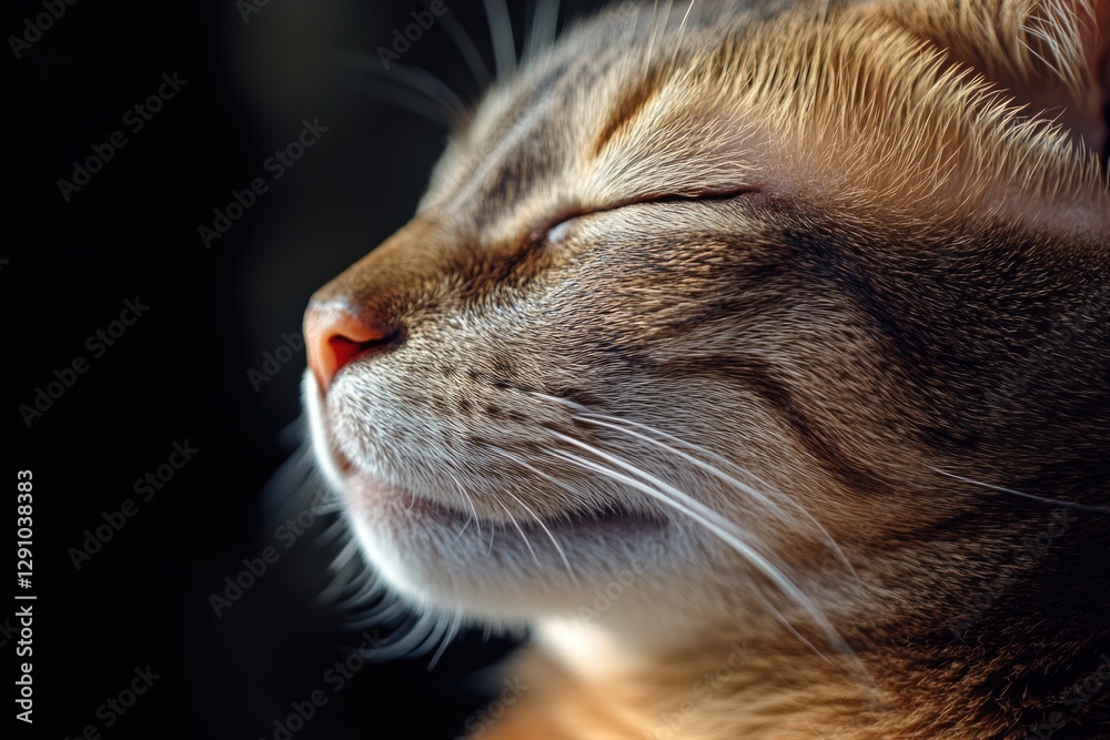 Poster a close-up shot of a domestic cat with its eyes shut, showing its calm and relaxed expression