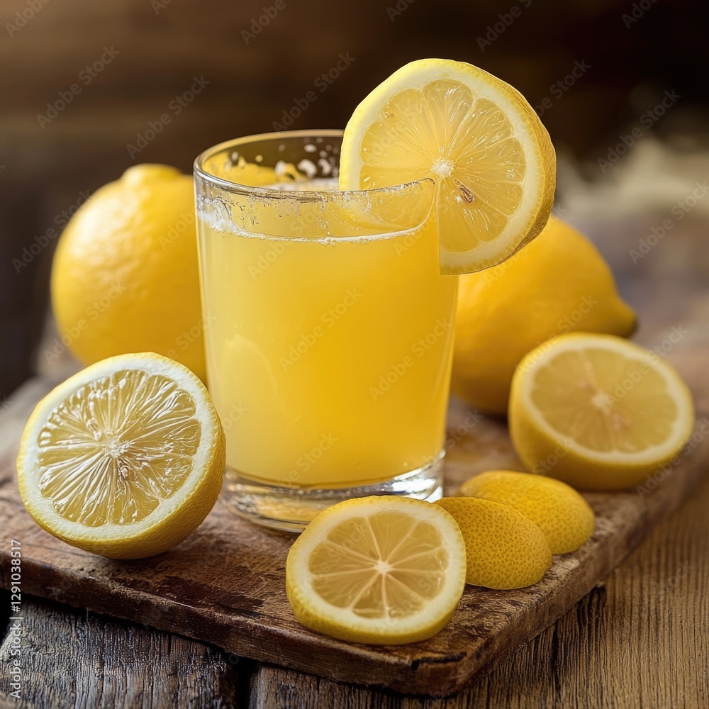 Poster freshly squeezed lemonade served with sliced lemons