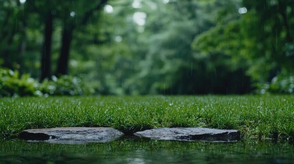 Fototapeta premium Rain on a grassy park pathway, forest background. Possible use Stock photo for nature, outdoor, parks, calm, relaxation