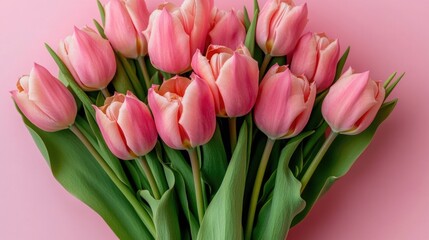 Fototapeta premium A bouquet of pink tulips against a bright pink background, ideal for use in promotional materials, greeting cards or social media posts