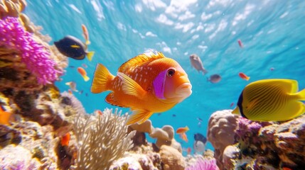 Obraz premium Vibrant coral reef showcasing colorful fish swimming in crystal-clear waters during a sunny day in a tropical paradise