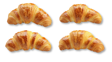 Freshly baked croissants arranged on a white background showcasing their golden and flaky texture,cut out 