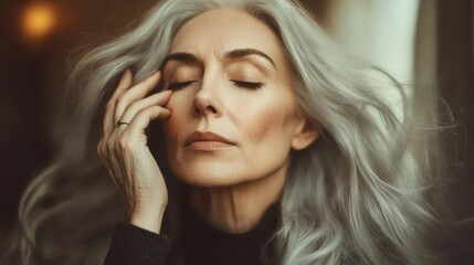 Obraz premium A woman with striking silver hair closes her eyes in tranquility, savoring a peaceful moment. Soft light illuminates her features, highlighting her graceful presence and calm demeanor