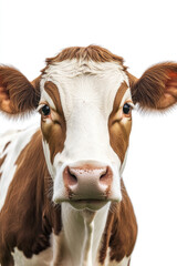 Brown and white cow facing forward