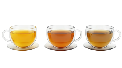 Varieties of tea served in clear glass cups on white background,cut out 