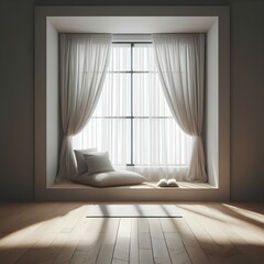 Fototapeta premium Modern window nook with soft pillows and natural light