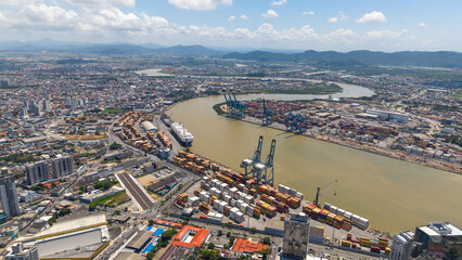 Aerial view of the Port of Itajaí, over the Itajaí-Açu River, in the state of Santa Catarina,...