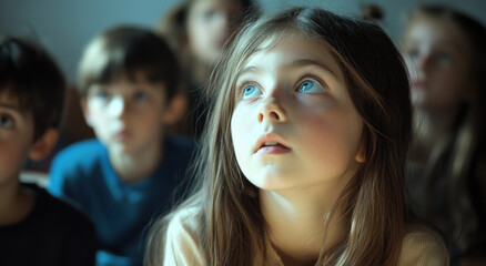Obraz premium A group of children is focused on a lesson in a classroom, with one girl particularly engaged and listening intently