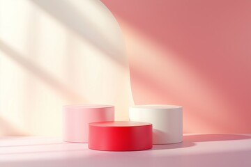 3D background with set of realistic white, red and pink cylinder pedestal podium on pastel scene. Platforms mockup product display presentation. Abstract composition in minimal design. Stage showcase