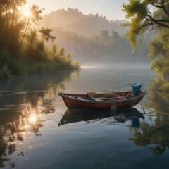 Obraz premium fishing boat on river with fishing net floating in calm water, nautical imagery, fishing nets, tranquil atmosphere
