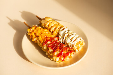 Corn dogs with sausage, cheese, potatoes and sauces on a beige background. Korean street food. Hard light.