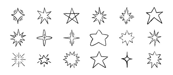 Crayon pencil stars hand drawn set in sketch style. Vector doodle texture illustration