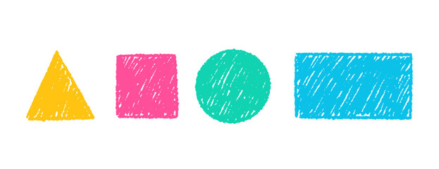 Set of simple colorful geometric shapes with crayon pencil. Circle, square, triangle and rectangle. Vector texture illustration