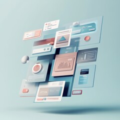 A modern, 3D representation of floating digital interface cards showcasing various data visualizations and controls in a sleek, minimalist design.