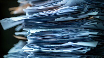 Stack of paper documents in archive. Paperwork and business concept.