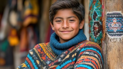 A young boy sits relaxed against a wooden post, smiling while wearing a brightly patterned sweater. Behind him, textiles and crafts are displayed in the bustling artisan market