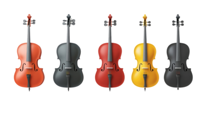 Colorful collection of modern string instruments displayed in a row on a neutral background,cut out 