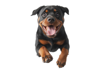 Happy Rottweiler jumping in the air with a joyful expression in a bright setting,cut out 
