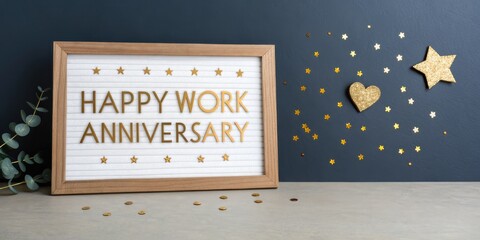 A framed message celebrates a work anniversary, surrounded by golden stars and hearts, conveying joy and recognition in a festive atmosphere.