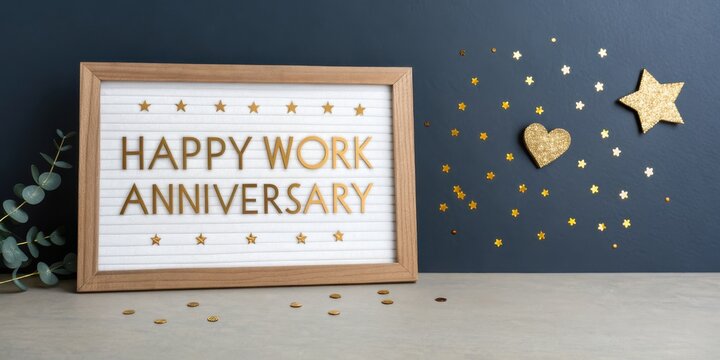 A framed message celebrates a work anniversary, surrounded by golden stars and hearts, conveying joy and recognition in a festive atmosphere.