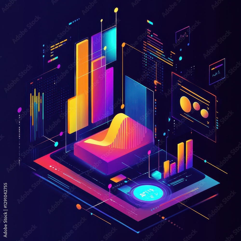 Poster a vibrant digital visualization of graphs and data analysis, featuring colorful charts and futuristi