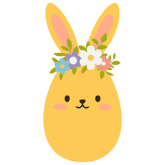 Cute yellow Easter egg with bunny ears and flower wreath. Great for cards, banners, wallpapers, invitations, covers. Flat vector illustration isolated on white background.