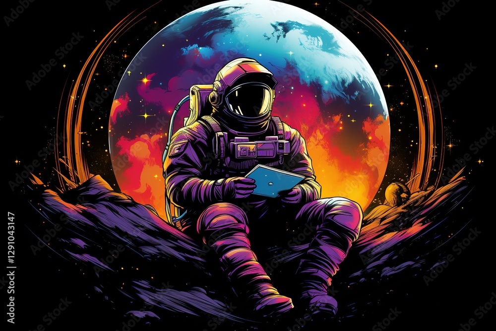 Poster stylish illustration astronaut in a spacesuit and helmet reads a book against the backdrop of a colo