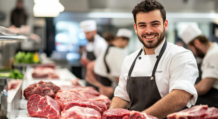 Handsome butcher in a kitchen smiles while skillfully arranging fresh cuts of meat, with coworkers nearby preparing various dishes
