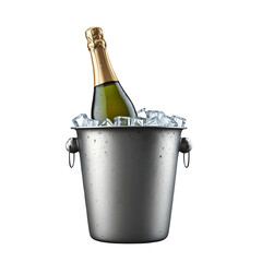Sophisticated Champagne Bottle with Gold Foil, Resting in a Sleek Metallic Ice Bucket on a Transparent Background, Surrounded by Reflective Ice Cubes