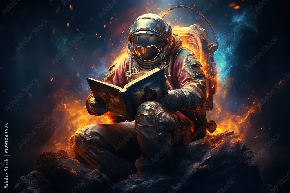 Poster an astronaut in a spacesuit and helmet reads a book against the backdrop of a colored galaxy
