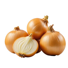 Pile of whole and halved yellow onions with transparent background