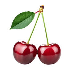 ripe red cherry with green leaf isolated on transparent background