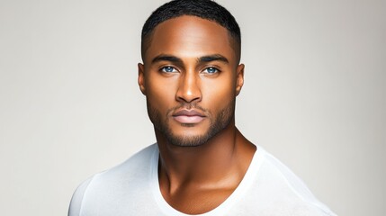 Obraz premium A male model stands confidently in a well-lit studio. His striking blue eyes and neat haircut complement his stylish outfit, highlighting fashion and beauty elements