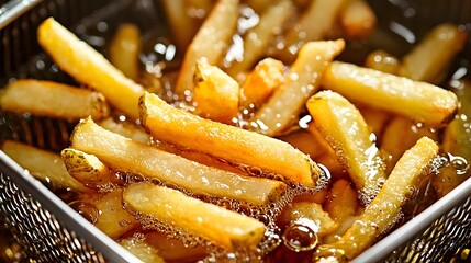 Freshly Fried Golden French Fries in Basket with Bubbling Oil and Copyspace
