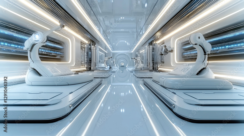 Poster futuristic laboratory with robotic arms and sleek design, showcasing advanced technology and clean l