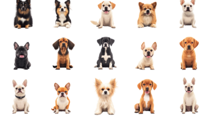 Various dog breeds displayed in a neat arrangement showcasing their unique characteristics and expressions,cut out 
