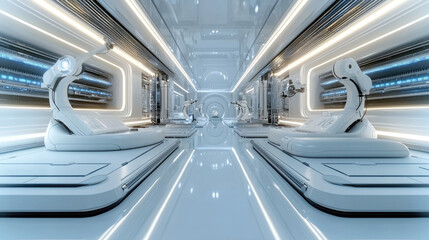 Obraz premium Futuristic laboratory with robotic arms and sleek design, showcasing advanced technology and clean lines