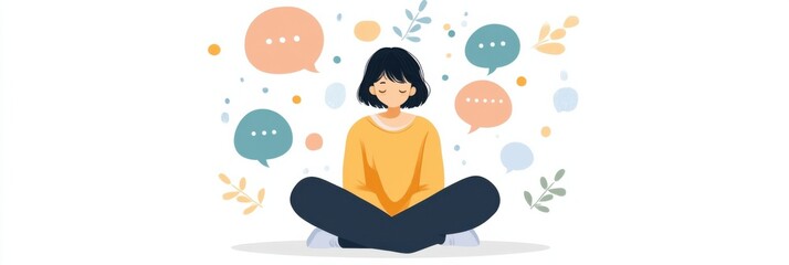 Obraz premium Person sits calmly amid speech bubbles of criticism, portraying the weight of public opinion and judgment