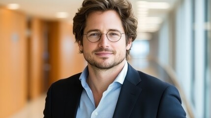 Fototapeta premium A confident man with glasses poses in a sleek office corridor, wearing a blazer over a casual shirt. He exudes professionalism while offering a warm smile, standing against a stylish backdrop