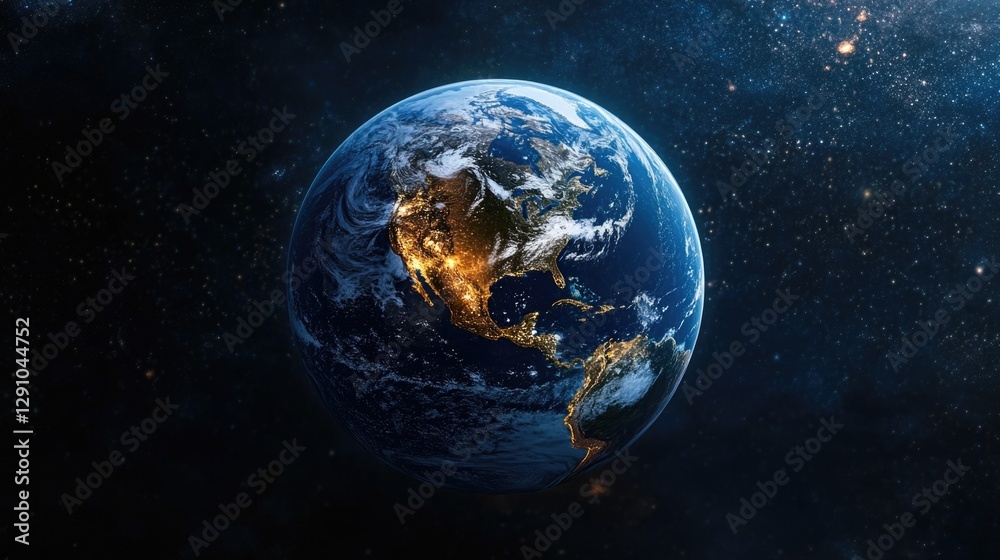 Poster image of earth from space with stars shining bright in the background