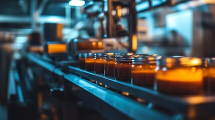 Glass Jars Moving Along A Factory Conveyor Belt