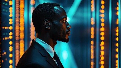 Financial data processing in a modern server room with an African American professional, financial data processing over african american businessman in office - Powered by Adobe