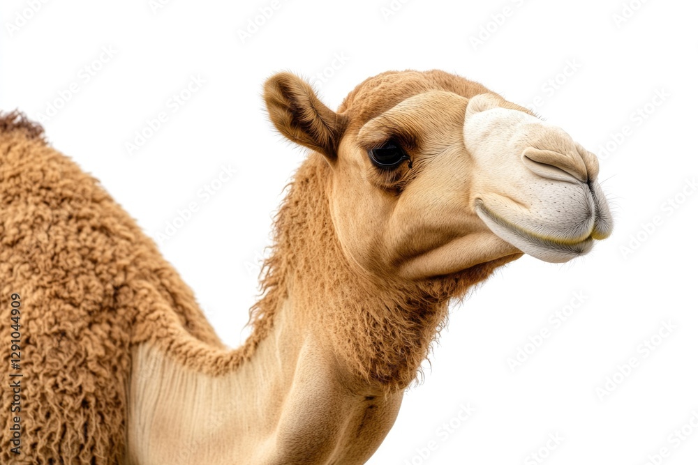 Poster close-up shot of a camel's face on a white background