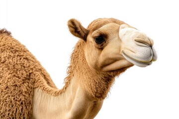 Close-up shot of a camel's face on a white background